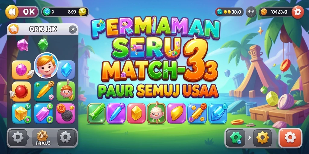Screenshot menampilkan gameplay seru dari OKJK dengan aksi Match-3 yang menarik.