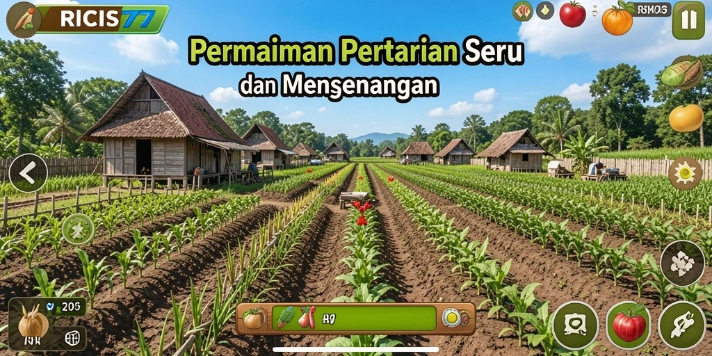 Gameplay merawat ladang dan panen hasil pertanian di RICIS77.