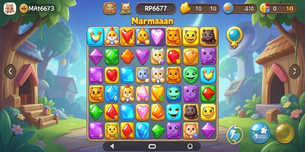 Gameplay Match-3 yang cerah dan menantang dalam RP6677.
